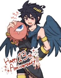 1boy ahoge androgynous angel anniversary annoyed armlet artist_name belt black_hair black_undershirt blue_eyes blue_scarf blue_wings commentary cowboy_shot creature dark_pit fang gold_armlet gold_thighlet hand_on_own_thigh hashtag-only_commentary highres holding holding_creature jewelry kid_icarus kid_icarus_uprising ko_iwari_ngo laurel_crown male_focus monoeye nintendo open_mouth purple_belt red_eyes scarf short_hair sidelocks single_bare_shoulder spiked_hair symbol-only_commentary tearing_up thick_eyebrows thighlet too_many_watermarks twitter_username watermark white_background wings