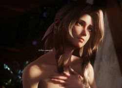 1girl 3d aerith_gainsborough bare_shoulders bow braid brown_hair female_focus final_fantasy final_fantasy_vii final_fantasy_vii_remake green_eyes hand_on_own_chest highres ria-neearts ribbon solo square_enix wavy_hair