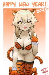 1girl 2022 absurdres animal_ears animal_print bikini blonde_hair breasts chinese_zodiac cleavage dated english_text genshin_impact gloves happy_new_year highres large_breasts lumine_(genshin_impact) new_year open_mouth orange_bikini orange_gloves orange_thighhighs ryle swimsuit tail thighhighs thighs tiger_ears tiger_print tiger_tail year_of_the_tiger yellow_eyes
