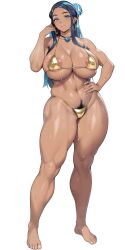 1girl alternate_body_size alternate_breast_size areola_slip armpit_hair barefoot bikini blue_eyes blue_hair breasts covered_erect_nipples curvy dark-skinned_female dark_skin earrings excessive_pubic_hair female_pubic_hair full_body gold_bikini hand_on_own_hip highres hoop_earrings huge_breasts jewelry long_hair looking_at_viewer micro_bikini nanabe_78 navel nessa_(pokemon) nintendo parted_lips pendant pokemon pokemon_swsh pubic_hair simple_background solo stomach swimsuit white_background