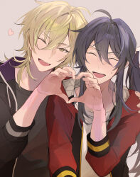 2boys :d ahoge arm_around_shoulder bishounen black_hoodie black_shirt brown_background closed_eyes couple double-parted_bangs ensemble_stars! furrowed_brow hair_between_eyes hakaze_kaoru hand_on_another&#039;s_shoulder hand_up heart heart_hands heart_hands_duo highres hood hood_down hoodie jacket kanzaki_souma kaoso long_hair long_sleeves looking_at_viewer male_focus multiple_boys one_eye_closed open_clothes open_hoodie open_jacket open_mouth ponytail red_hoodie shippou_(pattern) shirt side_ponytail sidelocks simple_background single_hair_intake smile sweatdrop teeth upper_body upper_teeth_only v-shaped_eyebrows white_shirt wolf_cut yaoi