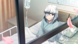 Rule 34 | 1girl, bed, black hair, blunt bangs, blurry, blurry foreground, brown eyes, colored tips, curtains, falling petals, game cg, gauze, gauze over eye, hospital bed, hospital gown, indoors, intravenous drip, iv stand, looking at viewer, medium hair, multicolored hair, non-web source, one eye covered, parted lips, petals, pillow, satsuki yomi, sitting, solo, toji no miko, toji no miko: kizamishi issen no tomoshibi, under covers, white hair, window