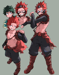 Rule 34 | 2boys, abs, belt, black pants, black sleeves, blue gloves, boku no hero academia, boots, brown footwear, closed mouth, collarbone, cropped torso, cross-body stretch, detached sleeves, freckles, gloves, green eyes, green hair, grey background, grey gloves, grin, hand on own hip, hand up, hands up, kirishima eijirou, knee boots, legs apart, light frown, looking at another, looking at viewer, looking to the side, male focus, midoriya izuku, multiple boys, multiple views, navel, no nipples, no shirt, pants, red belt, red eyes, red hair, scar, scar across eye, scar on face, sharp teeth, short hair, shoulder strap, side-by-side, sideways glance, simple background, sleeves past wrists, smile, spiked hair, standing, stretching, teeth, thumbs up, toned, toned male, tsurime, turning head, upper body, v-shaped eyebrows, waist cape, zonozonotk