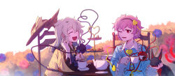 2girls :d ;d ^_^ bird black_bird black_cat black_hairband black_hat blue_flower blue_rose blue_shirt bush buttons cake cat closed_eyes collared_shirt cup diamond_button flower food frilled_shirt_collar frilled_sleeves frills grey_hair hair_between_eyes hair_ornament hairband hat heart heart_button heart_hair_ornament heart_of_string highres holding holding_cup kaenbyou_rin kaenbyou_rin_(cat) komeiji_koishi komeiji_satori long_hair long_sleeves multiple_girls one_eye_closed open_mouth outdoors pink_hair red_eyes red_flower red_rose reiuji_utsuho reiuji_utsuho_(bird) ribbon-trimmed_collar ribbon_trim rose sailor_collar shirt short_hair siblings sisters sitting smile starjinxin stirring teacup teapot tiered_tray touhou unworn_hat unworn_headwear upper_body wide_sleeves yellow_shirt