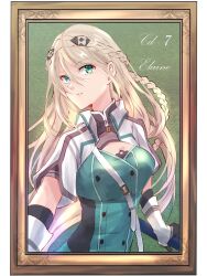 1girl black_gloves blonde_hair braid breasts countdown crown_braid detached_sleeves eiyuu_densetsu elaine_auclair gloves green_background green_eyes hair_between_eyes kuro_no_kiseki_(series) kuro_no_kiseki_i large_breasts long_hair natsumikan_(hom08e) painting_(medium) parted_bangs portrait short_sleeves simple_background single_braid solo traditional_media upper_body