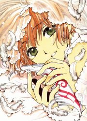 1girl absurdres androgynous artbook artist_request clamp_(circle) falling_feathers feathers from_side green_eyes grin hair_spread_out hands_up happy highres holding holding_feather light_particles light_smile looking_at_viewer looking_to_the_side official_art orange_hair parted_lips portrait sakura_hime scan see-through_clothes see-through_veil single_bare_shoulder smile solo swept_bangs third-party_source traditional_media tsubasa_chronicle two-handed veil white_feathers white_veil