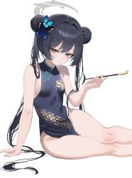 1girl artist_request bare_legs bare_shoulders blue_archive blush breasts butterfly_hair_ornament chinese_clothes double_bun dragon_print dress feet_out_of_frame grey_eyes grey_halo hair_between_eyes hair_bun hair_ornament hair_over_shoulder half-closed_eyes halo hand_up holding holding_smoking_pipe kisaki_(blue_archive) legs long_hair looking_at_viewer parted_lips sideboob simple_background sitting sleeveless sleeveless_dress small_breasts smoking_pipe solo teeth thighs twintails very_long_hair white_background