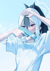 Rule 34 | 1girl, absurdres, aoore x64, black hair, black horns, black nails, blue archive, commentary request, demon horns, halo, hands up, highres, holding, holding water gun, horns, kayoko (blue archive), multicolored hair, red eyes, shirt, short sleeves, sidelocks, solo, steam, trigger discipline, two-tone hair, water gun, white hair, white shirt