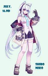 1girl animal_ear_fluff animal_ears ankle_boots bare_shoulders black_gloves black_shorts blue_eyes boots breasts cat_ears cat_girl character_name closed_mouth coat copyright_name full_body gloves grey_hair hairband heizi heterochromia highres jacket long_hair long_sleeves looking_at_viewer necktie off_shoulder open_clothes open_coat open_jacket original red_eyes shirt shoes shorts single_glove sleeveless socks_over_thighhighs solo standing straight_hair thighhighs very_long_hair white_hair white_shirt white_thighhighs