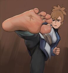 1boy 1girl absurdres barefoot belt brown_hair dota_(series) foooolyart foot_focus foreshortening giant giantess highres kicking leg_up marci_(dota) mini_person miniboy ponytail simple_background soles standing standing_on_one_leg toes