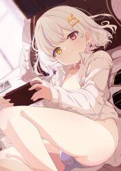 1boy absurdres blue_panties blush bulge closed_mouth collared_shirt commission earrings hair_ornament hairclip handheld_game_console heterochromia highres holding holding_handheld_game_console indoors jewelry long_sleeves looking_at_viewer lying male_focus multicolored_hair nintendo_switch no_pants on_back on_bed open_clothes open_shirt original panties pillow pink_hair purple_hair red_eyes shiro9jira shirt short_hair skeb_commission smile solo streaked_hair trap underwear virtual_youtuber white_hair white_panties white_shirt yellow_eyes