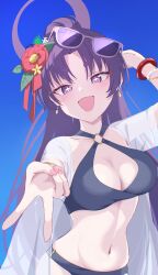 1girl absurdres arm_behind_head bikini black_bikini blue_archive blush breasts cleavage eyewear_on_head fang flower gyaru_v hair_flower hair_ornament hello-ghiblisan highres large_breasts larhart long_hair looking_at_viewer navel official_alternate_costume official_alternate_hairstyle open_mouth parted_bangs ponytail purple_eyes purple_hair red_flower see-through_clothes see-through_shirt shirt skin_fang solo stomach sunglasses swimsuit v yukari_(blue_archive) yukari_(swimsuit)_(blue_archive)