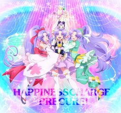 0417nao 10s 3girls :d alternate_form anklet arabian arabian_clothes arms_up boots bow bow-shaped_hair brooch copyright_name costume_chart creature cure_fortune cure_fortune_(anmitsu_komachi) cure_fortune_(pine_arabian) detached_sleeves frills full_body gurasan_(happinesscharge_precure!) hair_bow happinesscharge_precure! headdress heart heart_brooch high_heels high_ponytail highres hikawa_iona instrument jewelry long_hair multicolored_background multiple_girls multiple_persona one_eye_closed open_mouth pants pantyhose ponytail precure purple_eyes purple_hair purple_skirt sandals skirt smile tambourine thigh_boots thighhighs very_long_hair white_legwear white_skirt wide_ponytail
