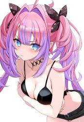 1girl ahoge black_bow black_bra black_choker black_shorts blue_eyes bow bra breasts center-flap_bangs choker cleavage commentary_request crossed_arms hair_bow hair_intakes highres hololive hololive_dev_is kikirara_vivi long_hair looking_at_viewer medium_breasts multicolored_hair nail_polish navel pink_hair pink_nails pout purple_hair short_shorts shorts simple_background solo streaked_hair twintails underwear v-shaped_eyebrows very_long_hair virtual_youtuber white_background yukkini6
