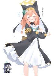 1girl absurdres animal_ears aqua_neckerchief aris_(blue_archive) aris_dance_(meme) black_coat black_veil blue_archive blush braid cat_ears cat_girl chibi closed_eyes coat commentary_request dress flying_sweatdrops halo highres kero-san_(kerosan63) long_hair mari_(blue_archive) meme neckerchief nun open_clothes open_coat orange_hair sailor_collar simple_background single_braid solo sweatdrop translation_request veil white_background white_dress white_sailor_collar yellow_halo