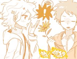 ! 2boys chinese_commentary closed_eyes collared_shirt commentary_request danganronpa_(series) danganronpa_2:_goodbye_despair emitou_fo flower hair_flower hair_ornament hand_up hinata_hajime holding holding_flower hood hood_down hooded_jacket jacket jaggy_lines komaeda_nagito male_focus monochrome multiple_boys open_clothes open_jacket open_mouth orange_theme shirt short_hair speech_bubble spoken_exclamation_mark spoken_squiggle squiggle sunflower sweater turtleneck turtleneck_sweater v-shaped_eyebrows