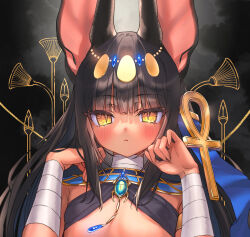 1girl animal_ears ankh anubis_(mythology) black_hair blush breasts brooch circlet dark-skinned_female dark_skin egyptian_mythology expressionless highres jackal_ears jewelry komiya_nigi long_hair looking_at_viewer original small_breasts solo upper_body usekh_collar yellow_eyes