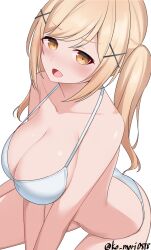 1girl ass bang_dream! bare_arms bare_legs bare_shoulders bikini blonde_hair blush breasts breasts_squeezed_together collarbone commentary_request cowboy_shot from_above hair_ornament halterneck highres ichigaya_arisa koomori large_breasts long_hair looking_at_viewer looking_up nose_blush open_mouth simple_background sitting solo strap_gap swimsuit twintails twitter_username v-shaped_eyebrows v_arms wariza white_background white_bikini x_hair_ornament yellow_eyes