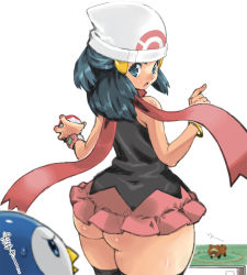 ass bidoof blue_hair creatures_(company) dawn_(pokemon) game_freak gen_4_pokemon hat huge_ass microskirt nintendo piplup pokemon pokemon_(creature) pokemon_dppt puchidori scarf simple_background skindentation skirt thick_thighs thighhighs thighs wide_hips