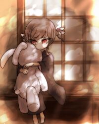 1girl aged_down black_kimono braid commentary_request danganronpa_(series) danganronpa_2:_goodbye_despair full_body grey_hair holding japanese_clothes kimono looking_down pekoyama_peko red_eyes ribbon short_hair shouji sitting sliding_doors solo stuffed_animal stuffed_toy twin_braids twintails white_ribbon zi_huahuo