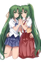 2girls absurdres blue_bow blue_bowtie blue_skirt bow bowtie chromatic_aberration dot_nose feet_out_of_frame green_eyes green_hair hair_ribbon hand_on_another&#039;s_thigh heads_together highres higurashi_no_naku_koro_ni holding_hands kneeling long_hair long_skirt looking_at_viewer miniskirt multiple_girls necktie nyako_(x_nyako_x) parted_bangs parted_lips ponytail red_necktie red_skirt ribbon school_uniform shirt siblings sidelocks simple_background sisters skirt sonozaki_mion sonozaki_shion twins very_long_hair vest white_background white_shirt yellow_ribbon yellow_vest