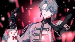 1boy arm_up black_gloves blue_hair bow bowtie collared_jacket commentary_request curtained_hair doremin_(freodore)_(nijisanji) earrings freodore_(nijisanji) gem gloves glowstick hair_between_eyes heart heart-shaped_eyes hedgehog highres holding holding_glowstick holding_microphone jacket jewelry korean_commentary long_sleeves looking_to_the_side male_focus microphone mismatched_earrings nijisanji nijisanji_en open_mouth outstretched_arm pink_eyes pointing pu_yo purple_gemstone red_bow short_hair sideways_glance smile solo sparkle stud_earrings tassel teeth upper_teeth_only virtual_youtuber white_jacket zipper zipper_pull_tab