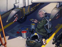 Rule 34 | 1girl, absurdres, air-to-air missile, aircraft, bag, bendit, blonde hair, blue paint, commission, earrings, embroidery, expressionless, flight suit, floral print, freckles, from above, from side, g-suit, goggles, golden eagle, green jumpsuit, hair scarf, helmet, highres, holding, holding brush, holding paintbrush, hoop earrings, jewelry, jumpsuit, looking at viewer, looking back, military, military patch, military uniform, military vehicle, name tag, newspaper, night vision device, nose art, olena bozhuk, original, outdoors, oxygen mask, paint, paint can, paint splatter, paint splatter on face, paint stains, paintbrush, painting (action), parted bangs, pilot helmet, red eyes, red paint, rocket, russo-ukrainian war, sharp teeth, shoulder bag, sign, soldier, squatting, stuffed animal, stuffed toy, su-24, teeth, translated, trim brush, tryzub, ukraine, ukrainian air force, ukrainian flag, ukrainian text, vehicle focus, warning sign
