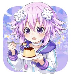1girl aowow blush choker d-pad d-pad_hair_ornament food hair_between_eyes hair_ornament highres holding holding_spoon hood hooded_track_jacket hoodie jacket jewelry long_sleeves neck_ring neptune_(neptunia) neptune_(series) open_mouth pudding purple_eyes purple_hair short_hair solo spoon track_jacket usb white_choker