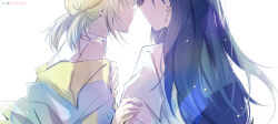 Rule 34 | 2girls, azusawa kohane, black hair, blonde hair, blue jacket, commentary request, earrings, hand on another&#039;s arm, hat ornament, jacket, jewelry, long sleeves, looking at another, multicolored jacket, multiple girls, parted lips, project sekai, shiraishi an, shirt, short twintails, simple background, star (symbol), star hat ornament, twintails, two-tone jacket, white background, white shirt, xuan, yellow jacket, yuri