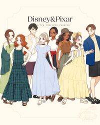 2boys 6+girls beast_(disney) beauty_and_the_beast_(disney) belle_(disney) black_hair brown_eyes brown_hair cinderella_(disney_character) cinderella_(disney_movie) disney_princess dress elinor_(brave) highres jewelry long_hair looking_at_viewer meecosme merida_(brave) multiple_boys multiple_girls namaari_(ratld) ponytail prince_adam_(disney) prince_charming_(disney) raya_(ratld) raya_and_the_last_dragon smile yellow_dress