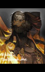 1girl binah_(project_moon) black_coat black_dress black_eyes black_hair blonde_hair bngb_love coat colored_inner_hair dress earrings full_body fur-trimmed_coat fur_trim grey_background hexagon_print jewelry lobotomy_corporation long_sleeves looking_at_viewer mole mole_under_eye multicolored_hair project_moon short_hair simple_background sitting smile solo