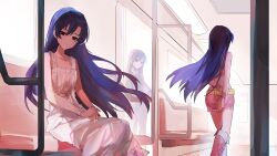 3girls absurdres arms_behind_back blue_hair boots brown_eyes carternanmen closed_mouth collared_shirt dress floating_hair gold_belt hands_on_lap highres idolmaster idolmaster_(classic) idolmaster_2 kisaragi_chihaya long_hair luxury_(idolmaster) multiple_girls multiple_persona pants pink_boots pink_diamond_765_(idolmaster) pink_skirt shirt sitting skirt sleeveless sleeveless_dress smile standing sweater_vest train_interior very_long_hair walking white_dress