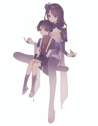 Rule 34 | 1boy, 1girl, absurdres, armor, black bodysuit, black bridal gauntlets, black hair, black kimono, black shorts, black shrug, black sleeves, black thighhighs, blunt ends, bodysuit, bridal gauntlets, brown sandals, cheek press, chin rest, clenched hand, closed mouth, curled fingers, eyelashes, eyeliner, eyeshadow, fingernails, floating, furisode, genshin impact, grey sandals, half lotus position, hands on own thighs, head on head, head rest, highres, japanese armor, japanese clothes, jewelry, juban, kimono, knees together feet apart, kote, kurokote, layered sleeves, leggings, levitation, light blush, looking to the side, makeup, mitsudomoe (shape), mother and son, mudra, neck ring, nero hanken, notice lines, o-ring, obi, obiage, obijime, off shoulder, okobo, open clothes, open hands, open kimono, outstretched arms, parted bangs, platform sandals, puff of air, purple eyes, purple kimono, purple leggings, purple sash, purple sleeves, raiden shogun, red eyeliner, red eyeshadow, red kimono, red sash, sandals, sash, scaramouche (genshin impact), short sleeves, shorts, shrug (clothing), single sode, sitting between lap, spread arms, string, thighhighs, tomoe (symbol), white background, white kimono, wispy bangs, zouri