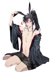 Rule 34 | 1boy, androgynous, animal ears, arm up, bare pectorals, bare shoulders, barefoot, bishounen, black hair, black hanfu, blush, bottomless, chinese clothes, closed mouth, collarbone, convenient censoring, full body, girly boy, groin, hair between eyes, hair tie, hand on own ear, hanfu, heart, high ponytail, highres, jujeop, kemonomimi mode, long hair, long sleeves, looking at viewer, male focus, modao zushi, navel, nipples, off shoulder, open clothes, open robe, pectorals, ponytail, rabbit boy, rabbit ears, red eyes, robe, sidelocks, simple background, sitting, smile, solo, towel, towel on legs, wei wuxian, wet towel, white background, wide sleeves, yokozuwari