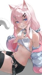 1girl abeli absurdres animal_ear_fluff animal_ears armpit_crease bare_shoulders black_choker black_shorts black_thighhighs blue_eyes breasts cat_ears cat_tail choker clothes_lift collared_shirt commentary commission crop_top cross cross_choker gradient_clothes grin hair_between_eyes hair_ornament hairclip highres jacket lifting_own_clothes long_hair long_sleeves looking_at_viewer m.k_(mr.k) midriff naughty_face navel off_shoulder open_clothes open_fly open_jacket original pink_hair shirt shirt_lift short_shorts shorts simple_background sleeveless sleeveless_shirt small_breasts smile solo stomach sweat tail tail_raised thighhighs thighs underboob very_long_hair white_background white_jacket white_shirt