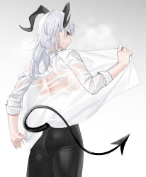 1girl absurdres ass bags_under_eyes black_horns black_pants black_tail breasts closed_mouth commentary cowboy_shot curled_horns demon_tail from_behind highres horns large_breasts long_hair looking_at_viewer looking_back median_furrow open_clothes open_shirt pants red_eyes shirt solo steaming_body sweat tail wet wet_clothes wet_shirt white_hair white_shirt wuthering_waves yaxiya zani_(wuthering_waves)