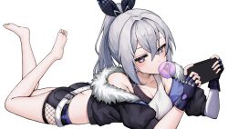 Rule 34 | 1girl, bare legs, bare shoulders, barefoot, belt, black gloves, black jacket, black shorts, breasts, butt crack, crop top, cropped jacket, crossed bangs, feet, fingerless gloves, frown, fur trim, gloves, grey eyes, grey hair, hair ribbon, highres, hip vent, holding, honkai: star rail, honkai (series), jacket, kushinaka, legs up, long hair, looking at viewer, lying, midriff, off shoulder, on stomach, ponytail, ribbon, shirt, short shorts, shorts, silver wolf (honkai: star rail), simple background, sleeveless, sleeveless shirt, small breasts, soles, solo, the pose, thighs, toes, two-tone shirt, white background, white shirt