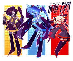 1girl 2boys :3 :d ahoge akita_neru akita_neru_(cosplay) aqua_eyes arm_at_side arm_up bare_shoulders black_boots black_eyes black_hair black_sapphire_cookie black_shirt black_skirt black_sleeves blue_background blue_eyes blue_hair blue_necktie blue_skin blue_trim boots border bright_pupils buttons candy_apple_cookie candy_apple_hair_ornament cellphone collared_shirt colored_eyelashes colored_skin commentary cookie_run cookie_run:_kingdom cosplay crossdressing detached_sleeves double-parted_bangs drill_hair english_commentary extra_eyes fang flat_chest flip_phone frilled_shirt frilled_shirt_collar frills full_body grey_skin grin hair_between_eyes hair_ornament hair_over_one_eye hair_tie hand_on_own_hip hatsune_miku hatsune_miku_(cosplay) heterochromia high_ponytail highres holding holding_phone humanization kasane_teto kasane_teto_(cosplay) kasane_teto_(utau) long_hair long_sleeves looking_at_viewer miniskirt mismatched_pupils multicolored_hair multiple_boys necktie number_tattoo open_mouth outline outside_border phone pleated_skirt pocket ponytail purple_pupils red_background red_eyes red_hair red_trim shadow_milk_cookie shirt shirt_tucked_in shoulder_tattoo simple_background skirt sleeveless sleeveless_shirt sleeves_past_fingers sleeves_past_wrists smile st4ngray streaked_hair tattoo thigh_boots thigh_strap thighhighs tie_clip triple_baka_(vocaloid) twin_drills twintails two-tone_hair utau very_long_hair vocaloid white_border white_eyelashes white_hair white_outline white_pupils white_shirt yellow_background yellow_necktie yellow_trim zettai_ryouiki