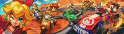 3boys 3girls absurdres blonde_hair bowser brown_hair drifting facial_hair fingerless_gloves gloves go-kart highres horns jacket kornart luigi mario mario_(series) mario_kart mario_kart_world moped motor_vehicle motorcycle multiple_boys multiple_girls mustache nintendo official_alternate_costume princess_daisy princess_peach red_hair road rosalina