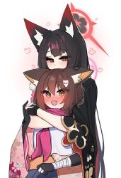 2girls animal_ears bandaged_arm bandages black_gloves black_hair black_kimono blue_archive blue_skirt blunt_bangs blush brown_hair colored_inner_hair fang floral_print fox_ears fox_girl gloves hair_between_eyes haori highres hug hug_from_behind izuna_(blue_archive) japanese_clothes kimono long_hair looking_at_another multicolored_hair multiple_girls open_mouth partially_fingerless_gloves pink_haori pink_scarf sash scarf shirt sidelocks skirt snya_ko two-tone_hair wakamo_(blue_archive) white_shirt yellow_eyes yellow_sash