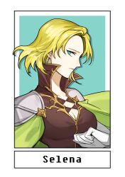 1girl armor blonde_hair breasts cape character_name cleavage earrings fire_emblem fire_emblem:_the_sacred_stones gloves green_cape green_eyes highres jewelry large_breasts looking_at_viewer nintendo pauldrons profile selena_(fire_emblem:_the_sacred_stones) short_hair shoulder_armor silvercandy_gum solo upper_body white_gloves