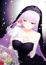 2girls bare_arms bare_shoulders black_dress bouquet breasts bridal_veil cleavage closed_eyes collarbone dress fate/grand_order fate_(series) flower frilled_dress frills fujimaru_ritsuka_(female) giant giantess gradient_hair hand_on_own_chest heterochromia highres holding holding_bouquet jewelry kingprotea_(fate) lace large_breasts looking_at_another multicolored_hair multiple_girls orange_hair purple_eyes purple_hair ring sitting sitting_on_person sitting_on_shoulder toumokorosi_01 veil wedding_dress wedding_ring white_dress white_petals xochitonal_(fate) yellow_eyes