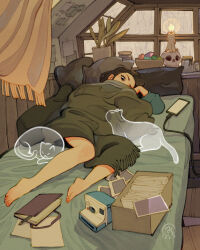 1girl animal artist_logo barefoot bedroom black_eyes blanket bowl box cable camera candle cardboard_box cat ceiling cellphone covered_face covered_mouth dated feet film_grain fire flower_pot fringe_trim full_body ghost hair_behind_ear hand_up highres indoors jar light logo long_sleeves looking_at_viewer lying on_back on_bed on_side one_eye_covered original paper pencil pet phone photo_(object) pillow plant polaroid_photo potted_plant puffy_long_sleeves puffy_sleeves scenery simz sketchbook skull smartphone solo tape toes transparent under_covers window