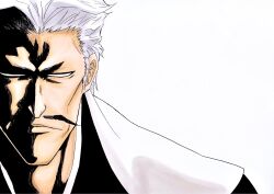 Rule 34 | 1boy, alpen no koyari, black kimono, blank eyes, bleach, bleach: sennen kessen-hen, closed mouth, commentary, facial hair, forehead, hair slicked back, highres, japanese clothes, kimono, lips, looking at viewer, male focus, mature male, mustache, nose, portrait, sasakibe choujirou, serious, short eyebrows, short hair, simple background, solo, straight-on, sunken cheeks, tsurime, v-shaped eyebrows, white background, white hair