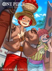 3boys aged_down axe blue_hair buggy_the_clown closed_eyes collared_shirt commentary_request copyright_name dutch_angle hat highres holding multiple_boys official_art one_piece one_piece_card_game open_mouth purple_sash red_hair red_shorts sash scopper_gaban shanks_(one_piece) shirt short_hair shorts straw_hat striped_clothes striped_shirt sunohara_(encount) t-shirt vertical-striped_clothes vertical-striped_shirt white_shirt