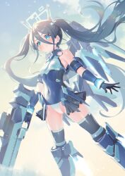 1girl absurdly_long_hair absurdres alternate_costume aqua_halo aris_(blue_archive) blue_archive breasts covered_navel green_halo hair_between_eyes halo highres holding holding_weapon leotard long_hair long_hair_between_eyes mecha_musume mechanical_legs mechanical_wings multicolored_leotard rectangular_halo leotard small_breasts smile solo supersugar thrusters two-tone_leotard very_long_hair weapon wings