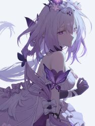 1girl absurdres bare_shoulders breasts castorice_(honkai:_star_rail) closed_mouth commentary dress elbow_gloves gloves hand_up hashtag-only_commentary highres honkai:_star_rail honkai_(series) klq_gm large_breasts long_hair looking_at_viewer purple_eyes purple_gloves purple_hair purple_pupils simple_background single_elbow_glove smile solo very_long_hair white_background white_dress