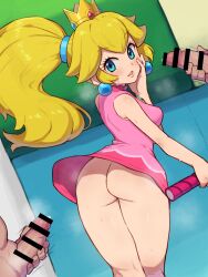 1girl 2boys aqua_eyes ass bar_censor blonde_hair censored chiwino commission crown dress earrings from_behind highres jewelry large_variant_set male_masturbation mario_(series) mario_tennis masturbation multiple_boys nintendo no_panties parted_lips penis pink_dress pixiv_commission ponytail princess_peach racket short_dress sphere_earrings tennis_racket variant_set