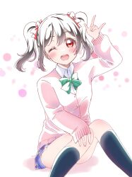 1girl \m/ black_hair blue_skirt blush bow bowtie cardigan detached_sleeves diagonal-striped_bow diagonal-striped_bowtie diagonal-striped_clothes green_bow green_bowtie hair_bow hand_on_own_knee highres long_sleeves looking_at_viewer love_live! love_live!_school_idol_project multiple_hair_bows one_eye_closed open_mouth osono_(osonokichi) otonokizaka_school_uniform pink_cardigan red_bow red_eyes school_uniform sitting skirt sleeves_past_wrists solo striped_clothes twintails yazawa_nico