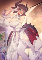 3girls absurdres apron bare_shoulders black_hair blue_eyes blue_hair blue_kimono breasts cleavage commission cosplay dragon_girl dragon_horns dragon_tail dragon_wings dress duel_monster gloves green_hair highres horns house_dragonmaid japanese_clothes kimono large_breasts laundry_dragonmaid long_sleeves lovely_labrynth_of_the_silver_castle lovely_labrynth_of_the_silver_castle_(cosplay) maid maid_apron maid_headdress multiple_girls open_mouth parlor_dragonmaid pixiv_commission ro_g_(oowack) tail thighhighs twintails wa_maid white_dress white_gloves wings yellow_eyes yu-gi-oh!